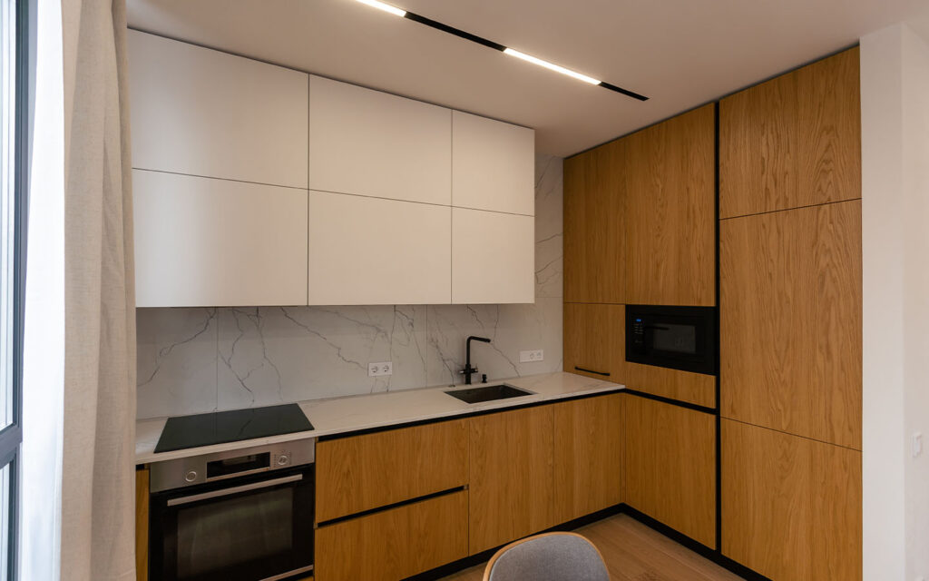 Modern kitchen with brown and white cabinets