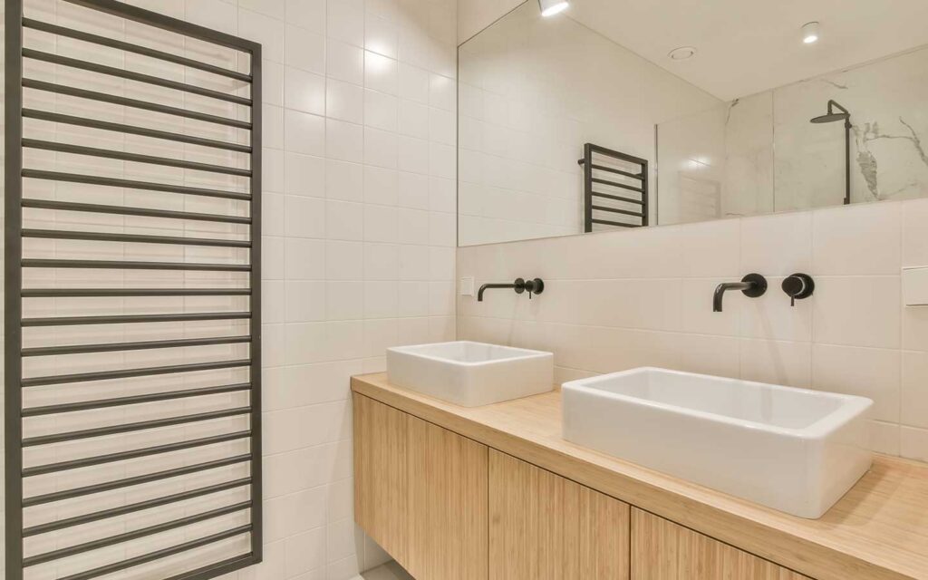 Modern bathroom with heated towel dryer