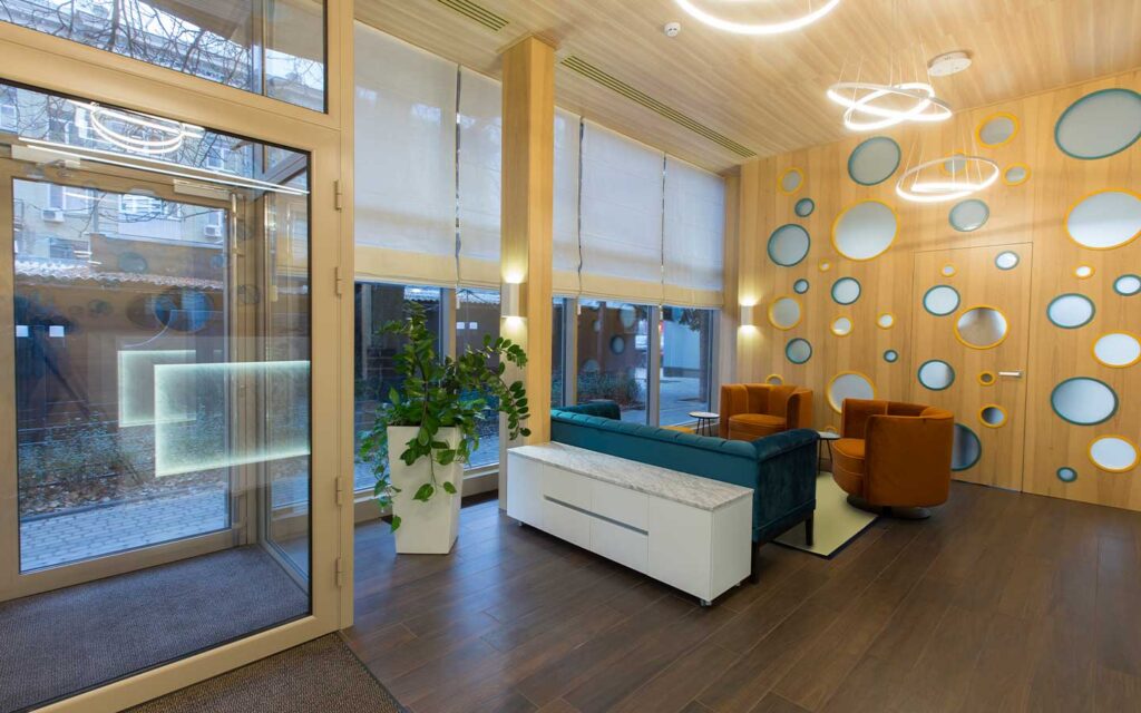 Modern commercial building lobby with seating area